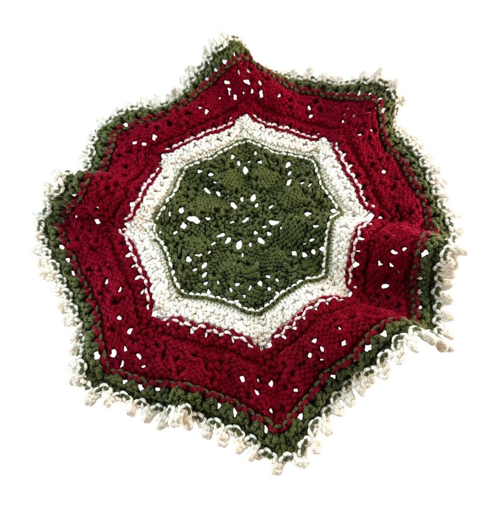 Handmade Crochet Christmas Trivet Hot Pad Red Green White Star 13”
